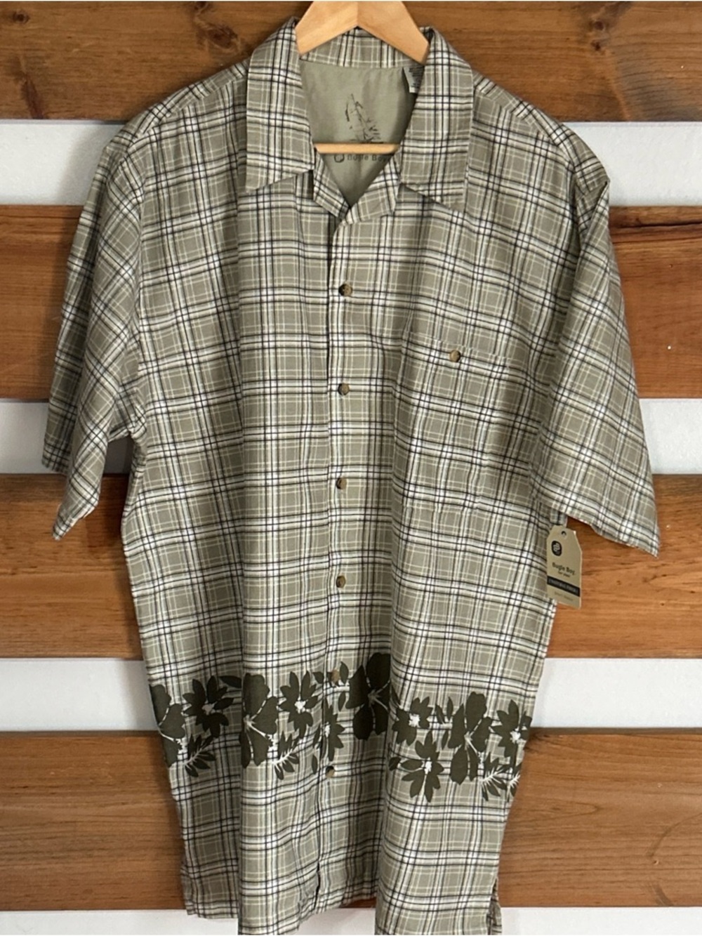 NWT Bugle Boy Hawaiian Shirt Plaid Short Sleeve Pocket Beach Cruise Men's Size L